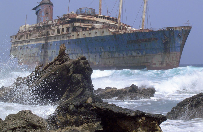 The wreck of the SS America off the coast of Fuerteventura in the Canary Islands. Source Wikimedia Commons