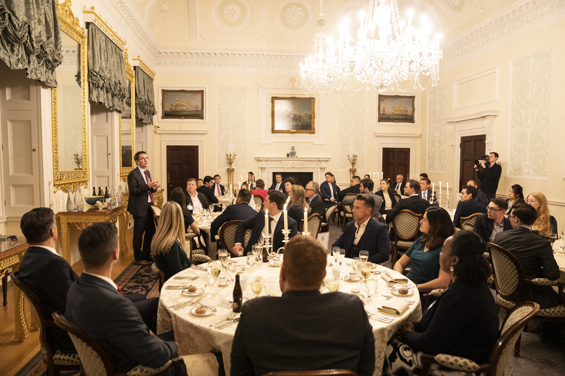The group pictured at dinner in the Adam Room hosted by Patrick Tiernan 