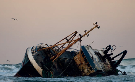 A fishing vessel run aground near Fraserburgh, Scotland.