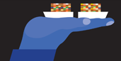 A blue illustrated hand holds two illustrated cargo ships stacked high with colourful containers
