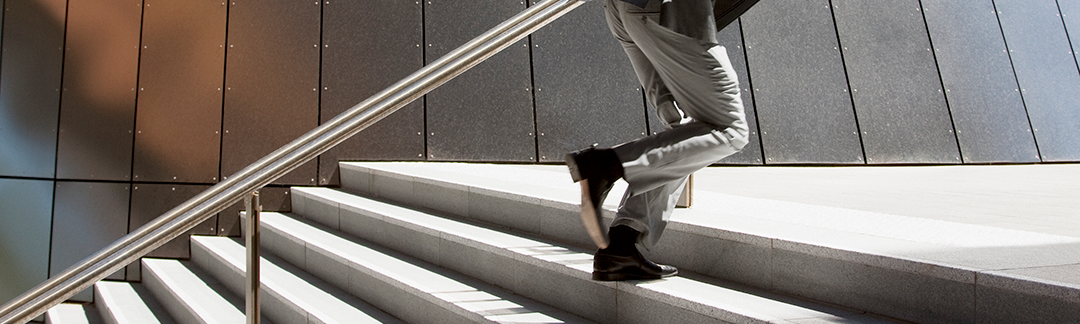 A man running up steps