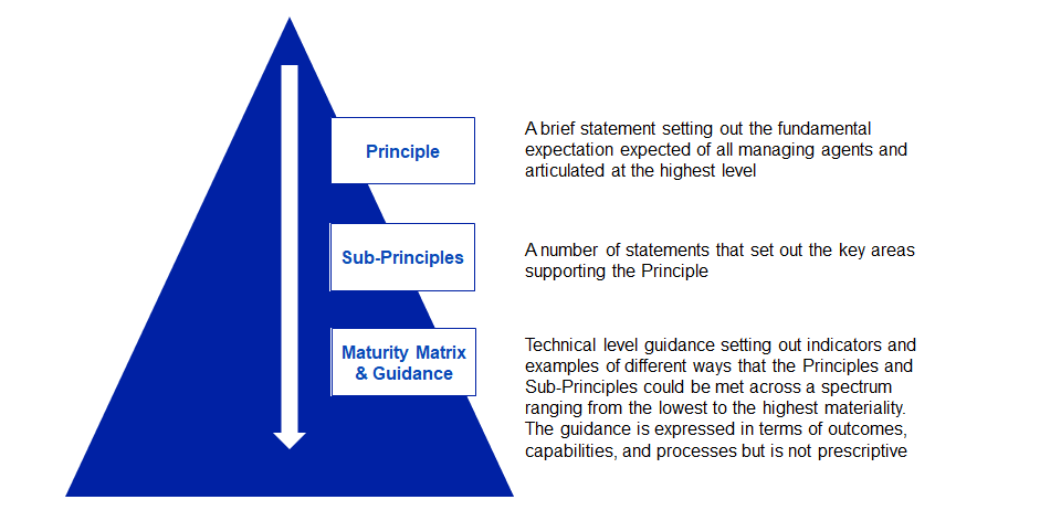 Principle: A brief statement setting out the fundamental expectation expected of all managing agents and articulated at the highest level.
Sub-principles: A number of statements that set out the key areas supporting the Principle.
Maturity Matrix & Guidance: Technical level guidance setting out indicators and examples of different ways that the Principles and Sub-Principles could be met across a spectrum ranging from the lowest to the highest materiality. The guidance is expressed in terms of outcomes, capabilities, and processes but is not prescriptive.