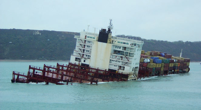 Case study: MSC Napoli. The container ship MSC Napoli, laden with 2,300 containers, was severly damaged in the English Channel during bad weather in 2007. See pg 18 of the report for more information.