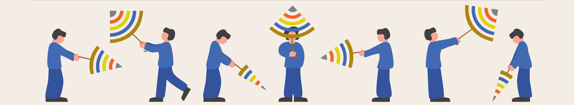 Seven illustrated men are putting up colourful, striped umbrellas. They are all holding their umbrella in a different position and are at different stages of putting the umbrella up