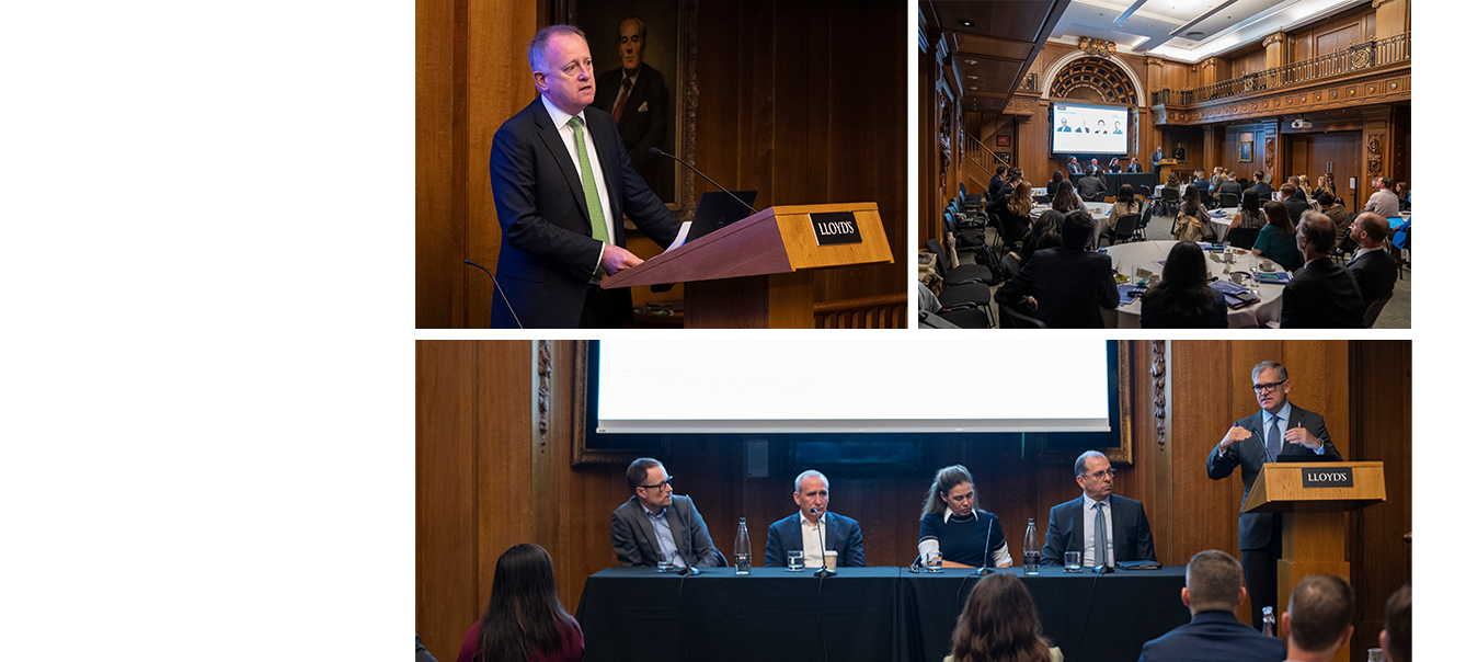 Three images, one shows Lloyd's CEO John Neal delivering a speech. Another shows the delegates seated at tables in the Old Library facing the panel at the front of the room, the room is covered in wooden paneling with high ceilings. The third image of of the 4 members of the panel, sat at a long table facing the audience. Bruce Carnegie-Brown, Chairman of Lloyd’s, is stood on the right of the table and is speaking. 