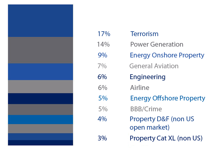 17% terrorism, 14% power generation, 9% energy onshore property, 7% general aviation, 6% engineering, 6% airline, 5% energy offshore property, 5% BBB/crime, 4% property d&f (non US open market), 3% property cat XL (non US)