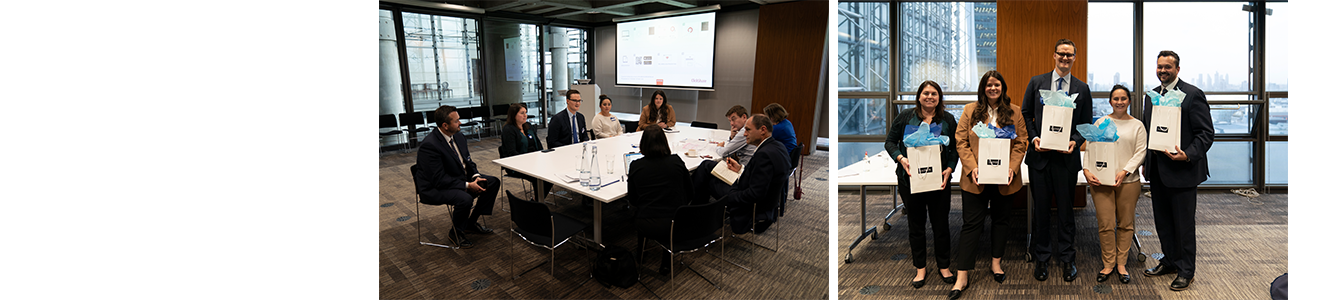 On the left, Team Leadenhall Market are sat on one side of the table facing the judges who are sat at the other side of the table presenting their idea. On the right, the Leadenhall Market are standing next to each other smiling at the camera with their winner's prize bag